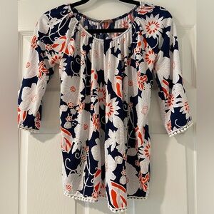 SJS Women's Floral Navy and Orange with Embroidery Trim Top Size S